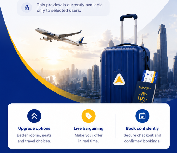 Faredown travel preview with upgrade options, live bargaining and secure booking