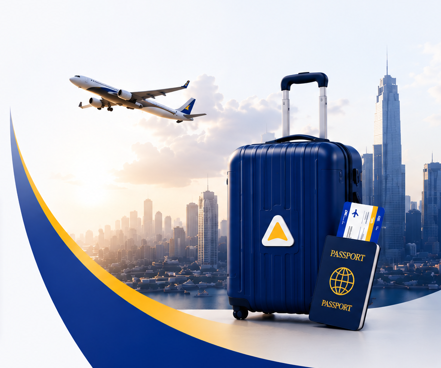 Travel with Faredown — plane, suitcase and city skyline